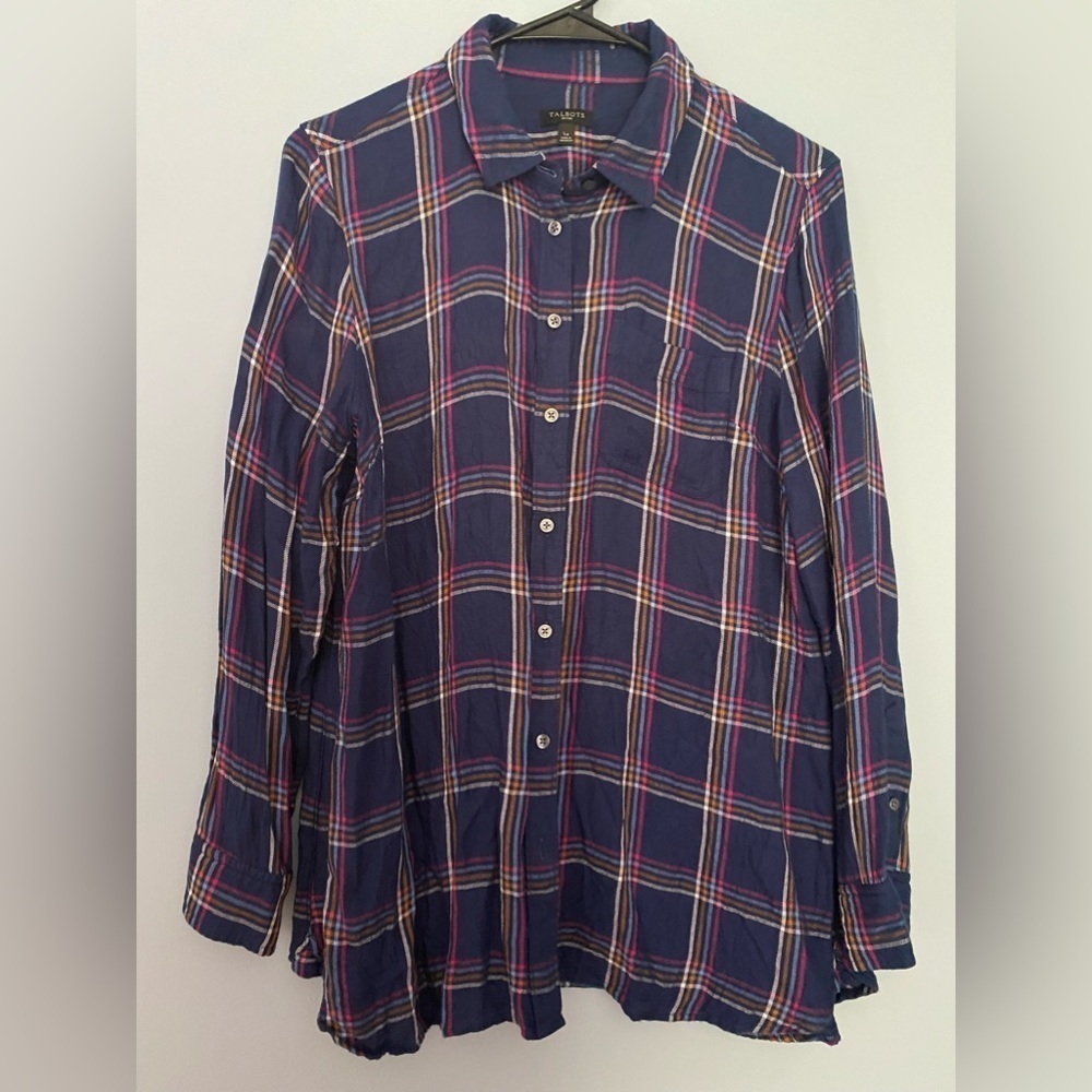 Talbots Large Petite Blue-Pink Plaid Long Sleeve Button Down Shirt 100% Cotton